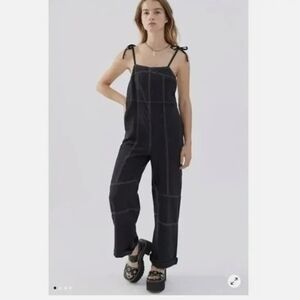 Urban Outfitters Black Linen Blend Backlessoverall Jumpsuit Sz.L